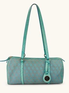 Dooney & Bourke Logo Jacquard Barrel Teal Turquoise Canvas Leather Trim Bag